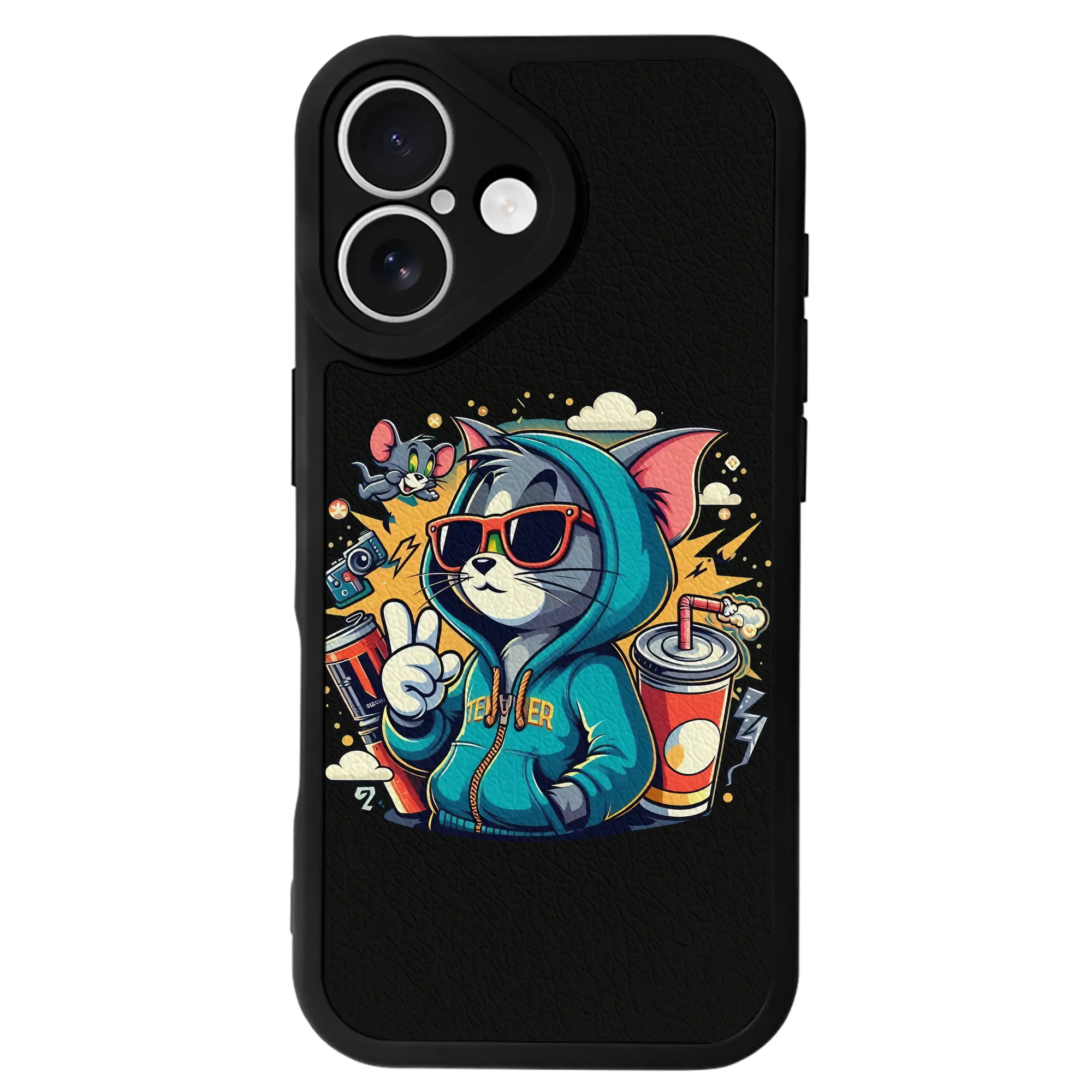 トムとジェリー グッズ トム - IPhone 16シリーズ対応 ・ シリコンスマホケース ・ レザー調 ・ 高精度フィット ・ 耐衝撃 ・ ワイヤレス充電対応 ・ 精密カット